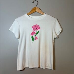 Vintage Lighthouse Apparel White Ribbed Cotton Floral Embroidered T-Shirt Large